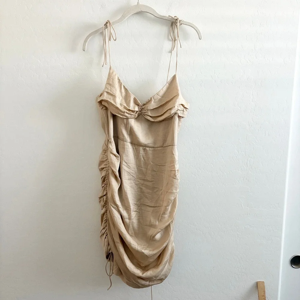 Sabo Skirt Champagne Satin Ruched Mini Dress Large Gold Sleeveless Bodycon Zip